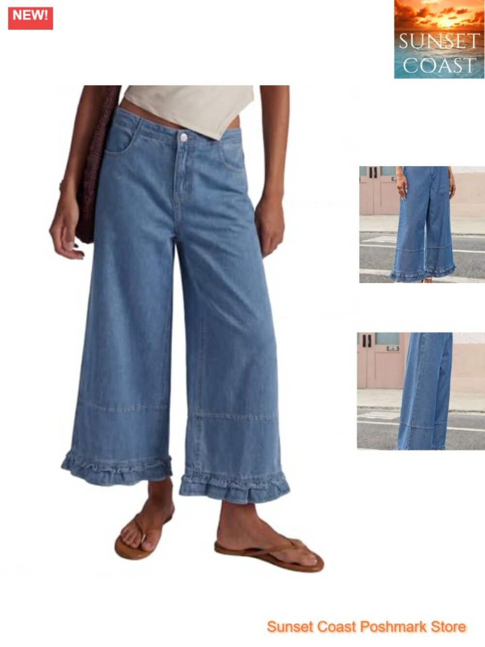 Women's Wide Leg Jeans Ruffle Hem Cropped Denim Pants
